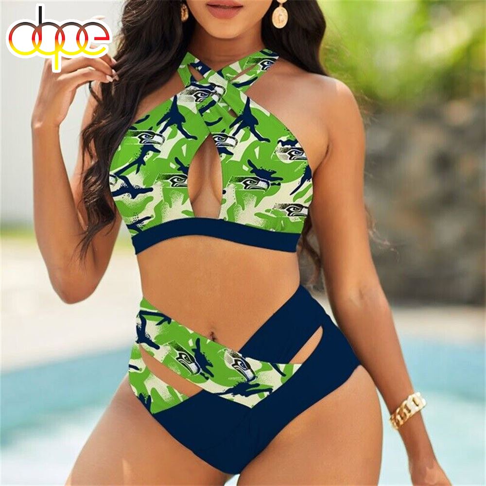 NFL Seattle Seahawks Criss Cross Bikini Set 2PCS Beach Swimsuit Cutout Bathing Suit
