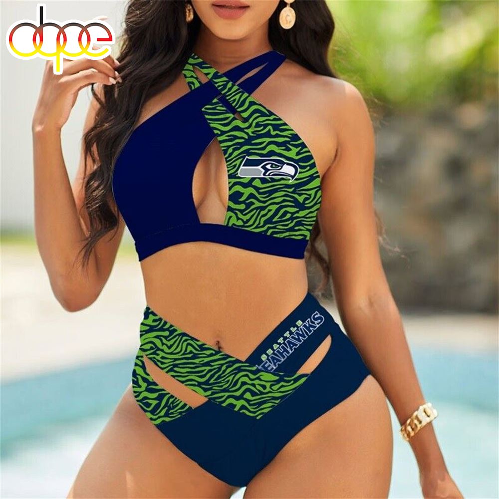 NFL Seattle Seahawks Criss Cross Bikini Set Beach Swimsuit Cutout Bathing Suit