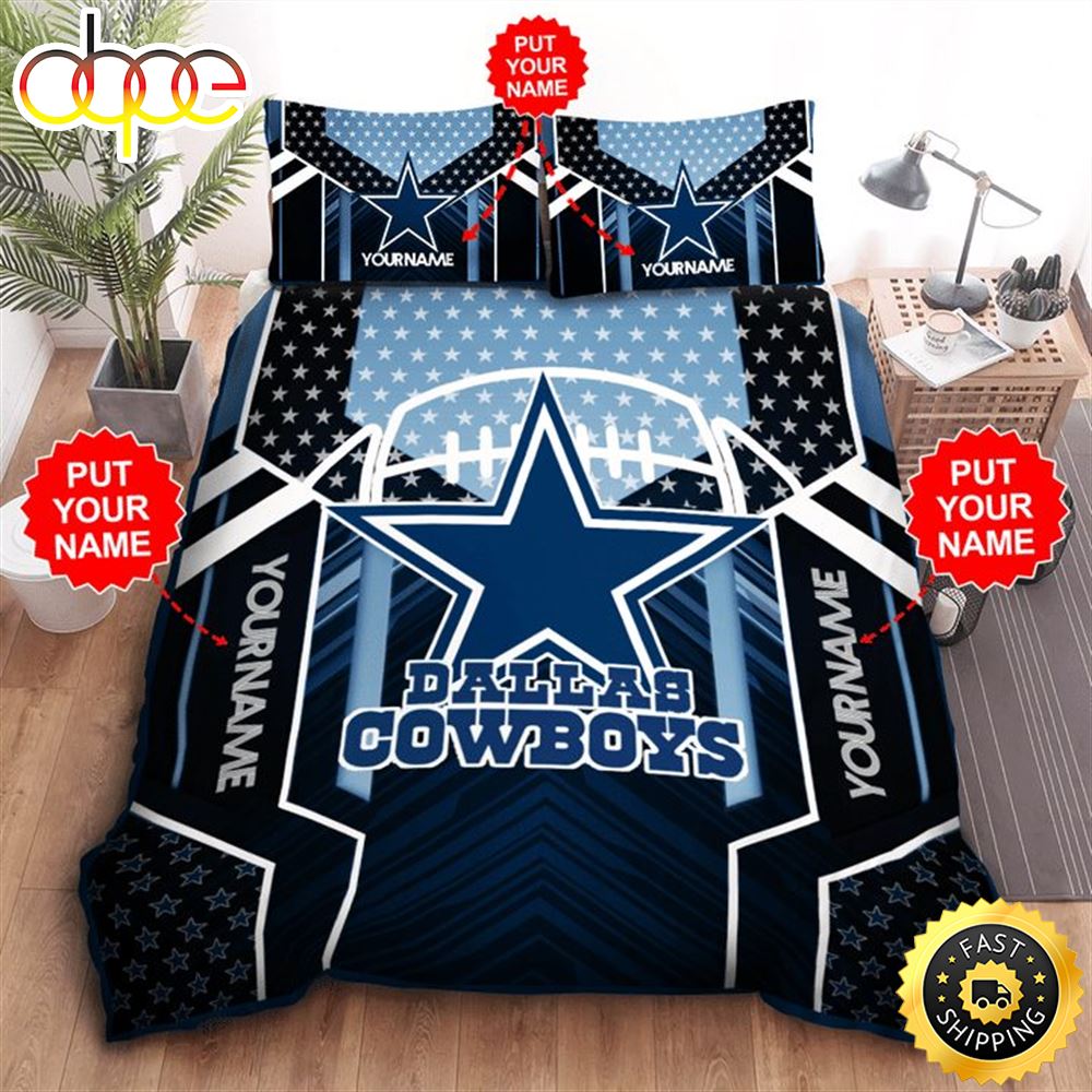 NFL Dallas Cowboys Custom Name Black Light Blue Bedding Set