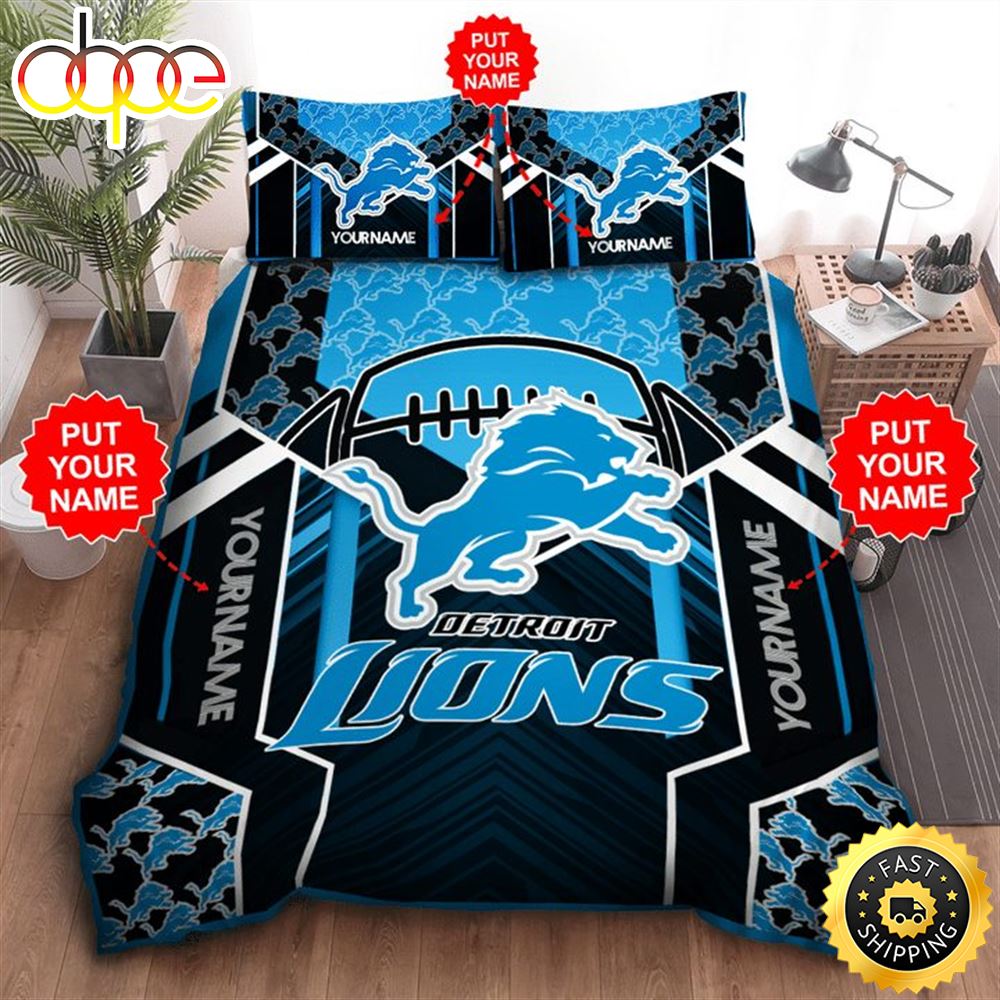 NFL Detroit Lions Custom Name Black Blue Bedding Set