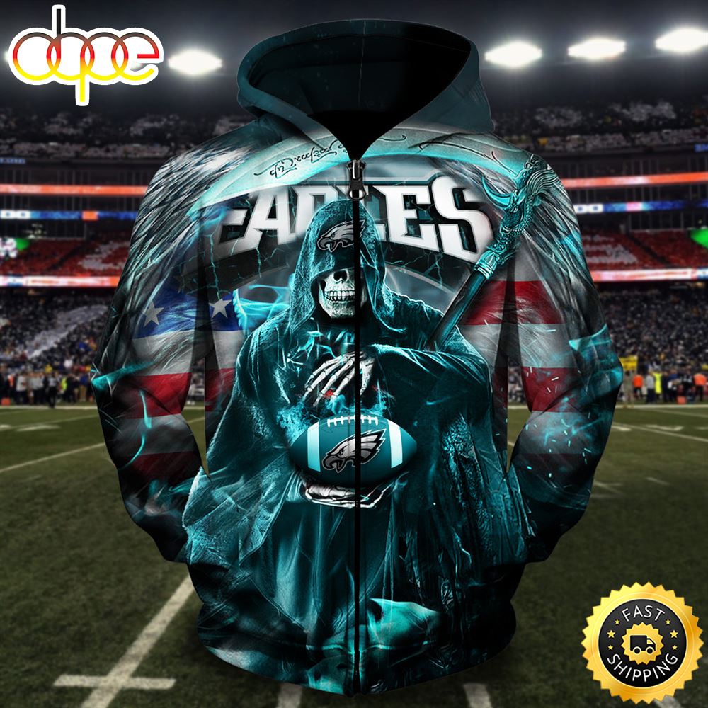 NFL Eagles Logo &amp; Death Holding Football 3D Hoodie All Over Print Shirt