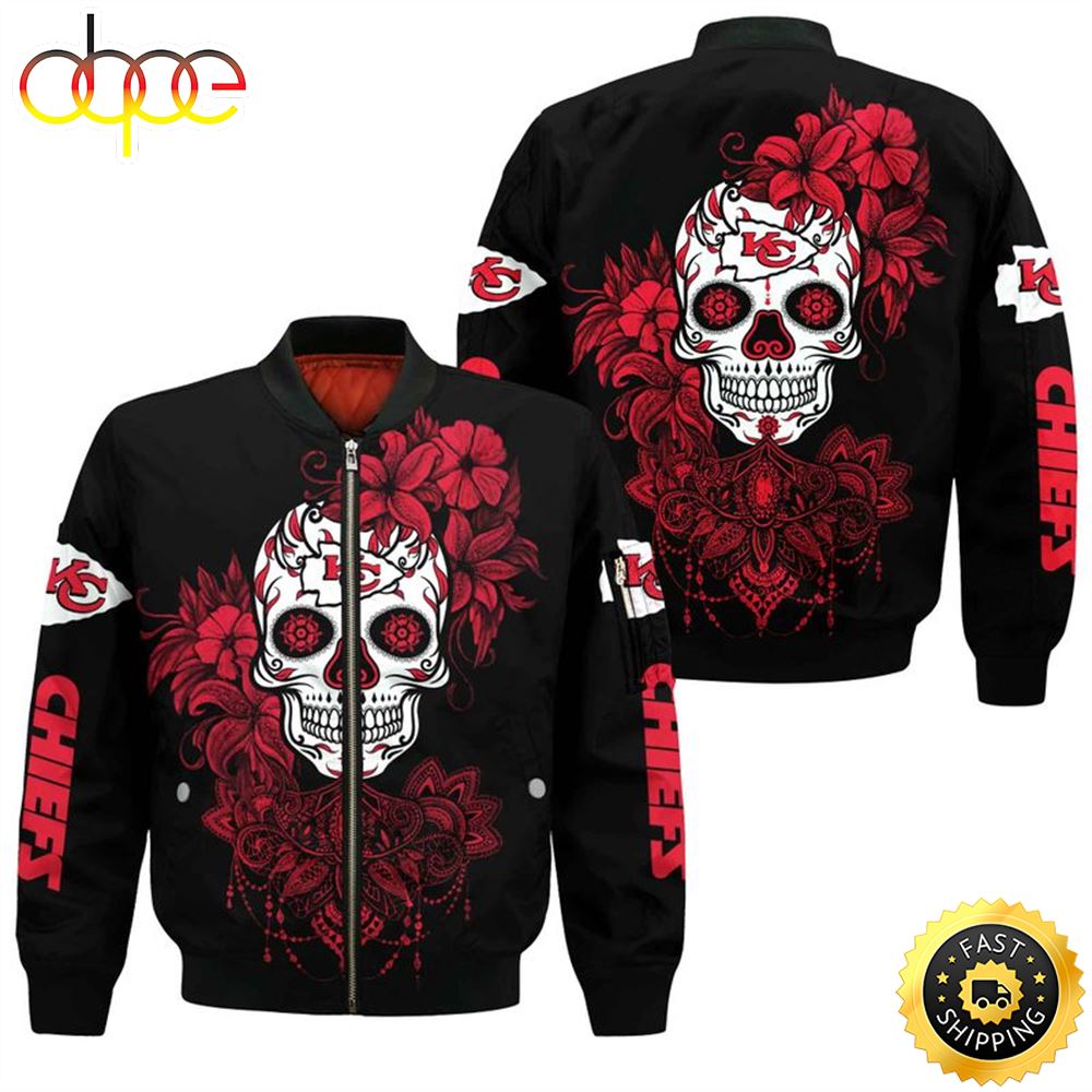 NFL Kansas City Chiefs All Over Print Bomber Jackets Size Skull