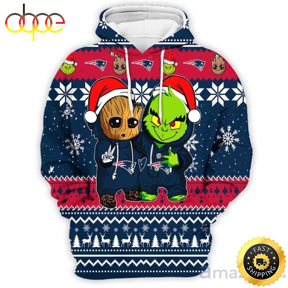 New England Patriots Baby Groot And Grinch Best Friends 3D Hoodie Christmas Sweater