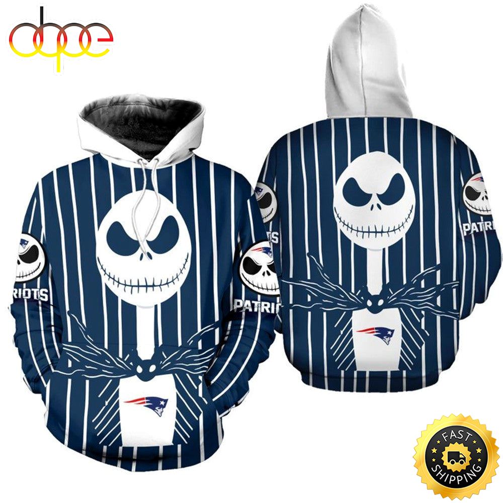 New England Patriots Halloween Jack Skellington White Navy Super Bowl 3D Pullover Hoodie_5063