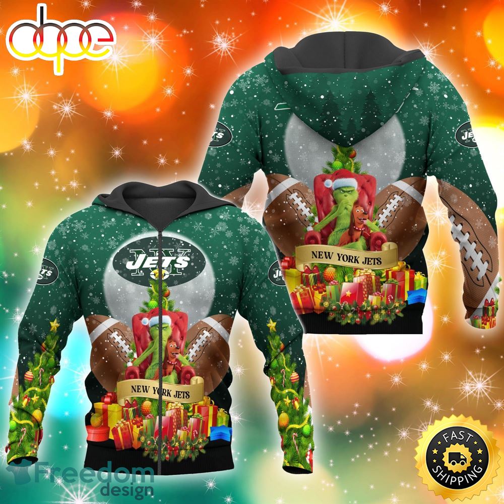 New York Jets NFL Grinch Christmas Tree 3D Hoodie Pullover Prints