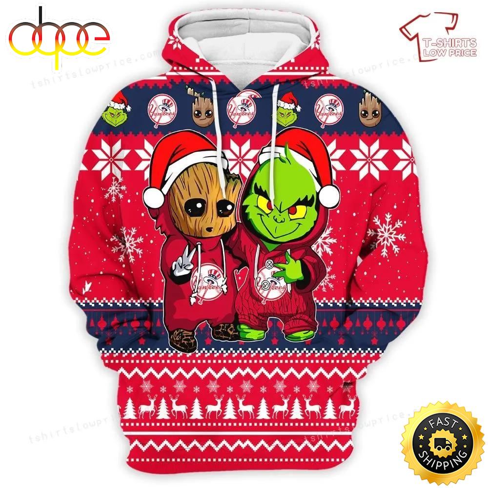 New York Yankees Baby Groot And Grinch Best Friends Football American Christmas 3D Hoodie