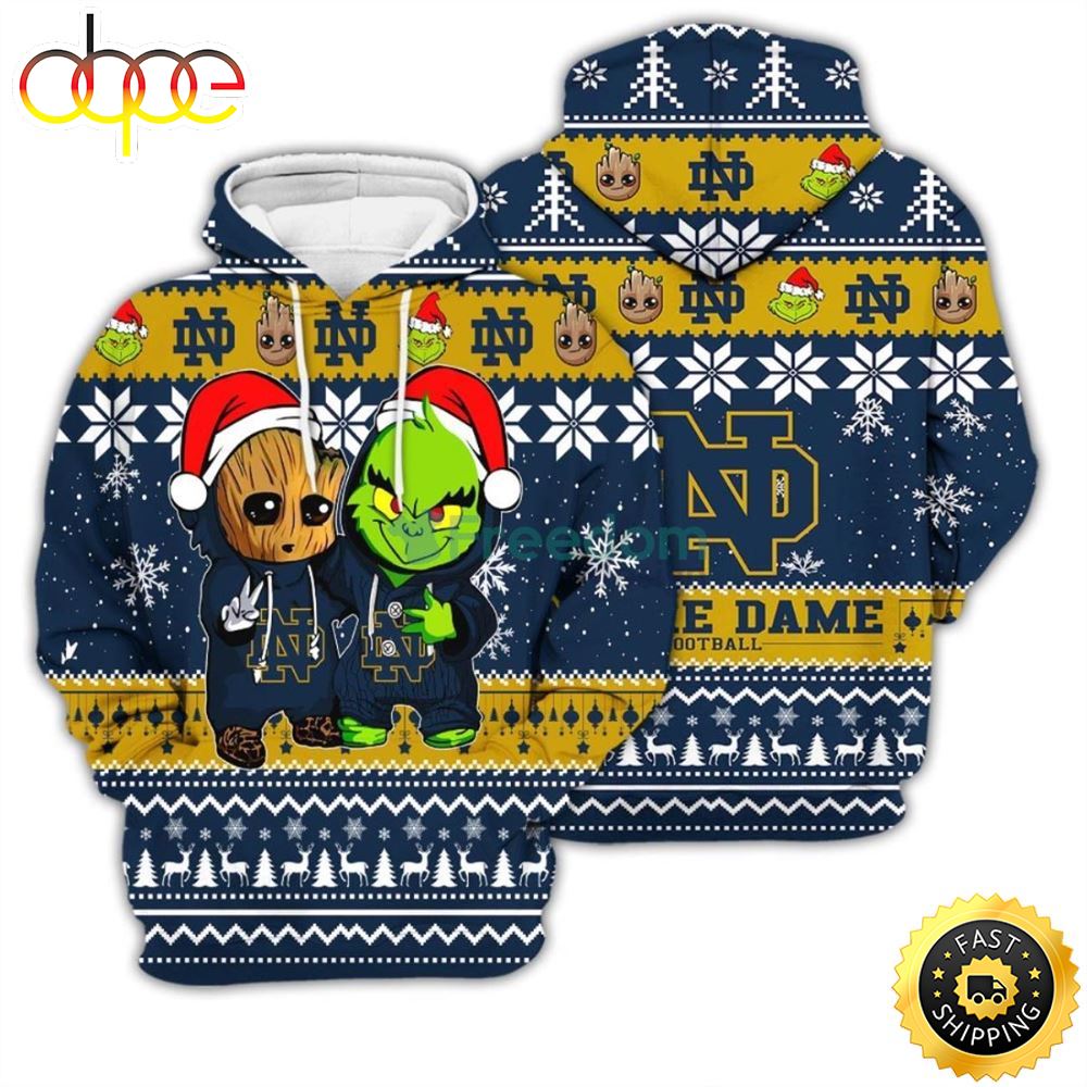 Notre Dame Fighting Irish Baby Groot And Grinch Best Friends 3D Chirstmas Sweater Hoodie