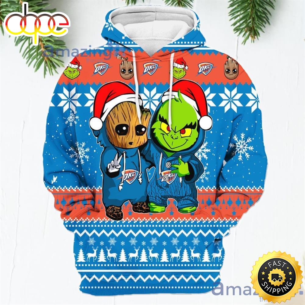 Oklahoma City Thunder Baby Groot And Grinch Best Friends New Trends Christmas Gift 3D Hoodie For Men And Women