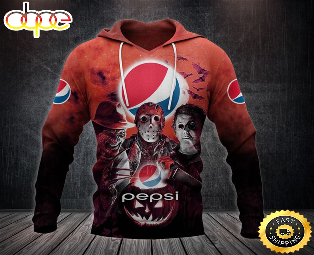 Pepsi With Michael Myers and Freddy Krueger and Jason Voorhees Pumpkin Halloween All Over Print Hoodie