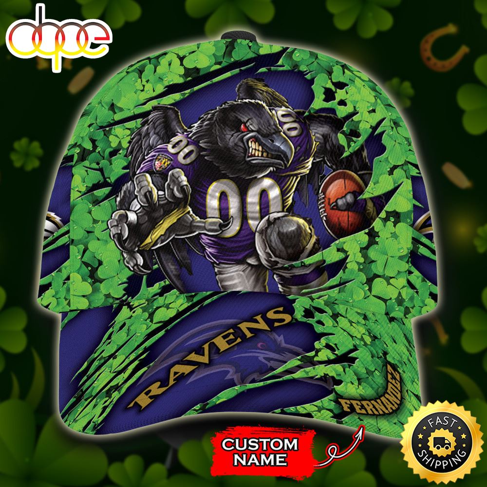 Personalized Baltimore Ravens Mascot St Patrick Day All Over Print 3D Baseball Cap - Blue Green-TPH