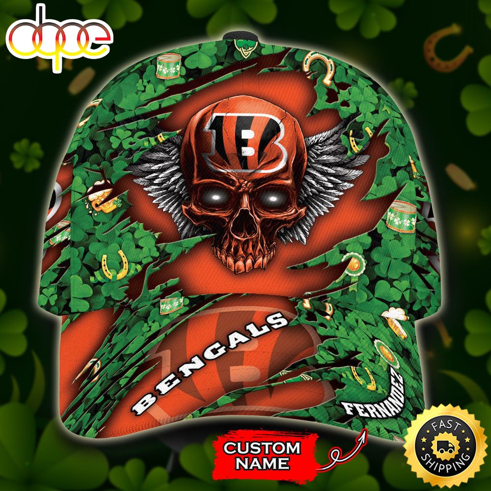 Personalized Cincinnati Bengals St Patrick Day Skull All Over Print 3D Baseball Cap - Orange Green-TPH