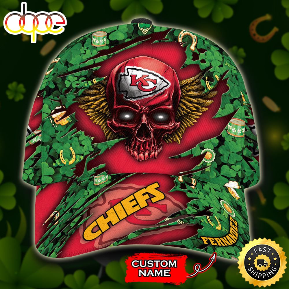 Personalized Kansas City Chiefs St Patrick Day Skull All Over Print 3D Baseball Cap - Green Red-TPH