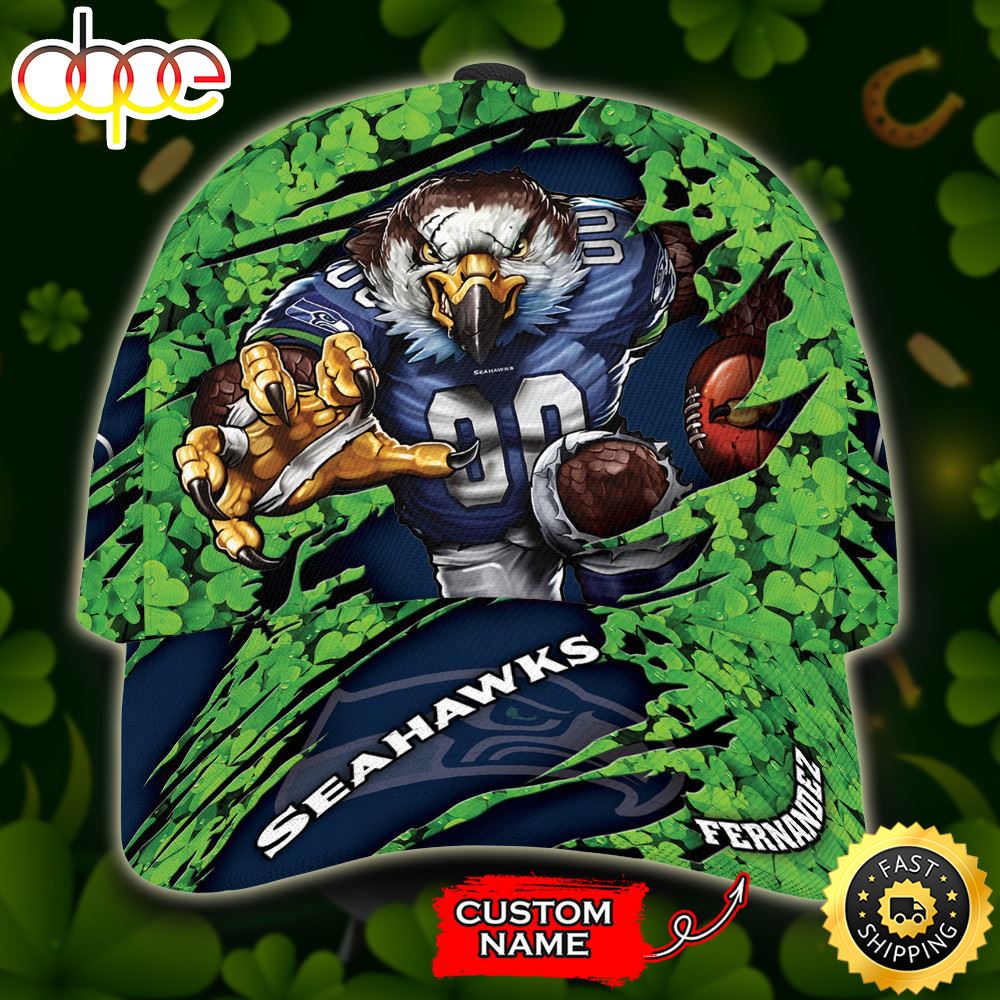 Personalized Seattle Seahawks St Patrick Day Mascot All Over Print 3D Baseball Cap - Navy Green-TPH