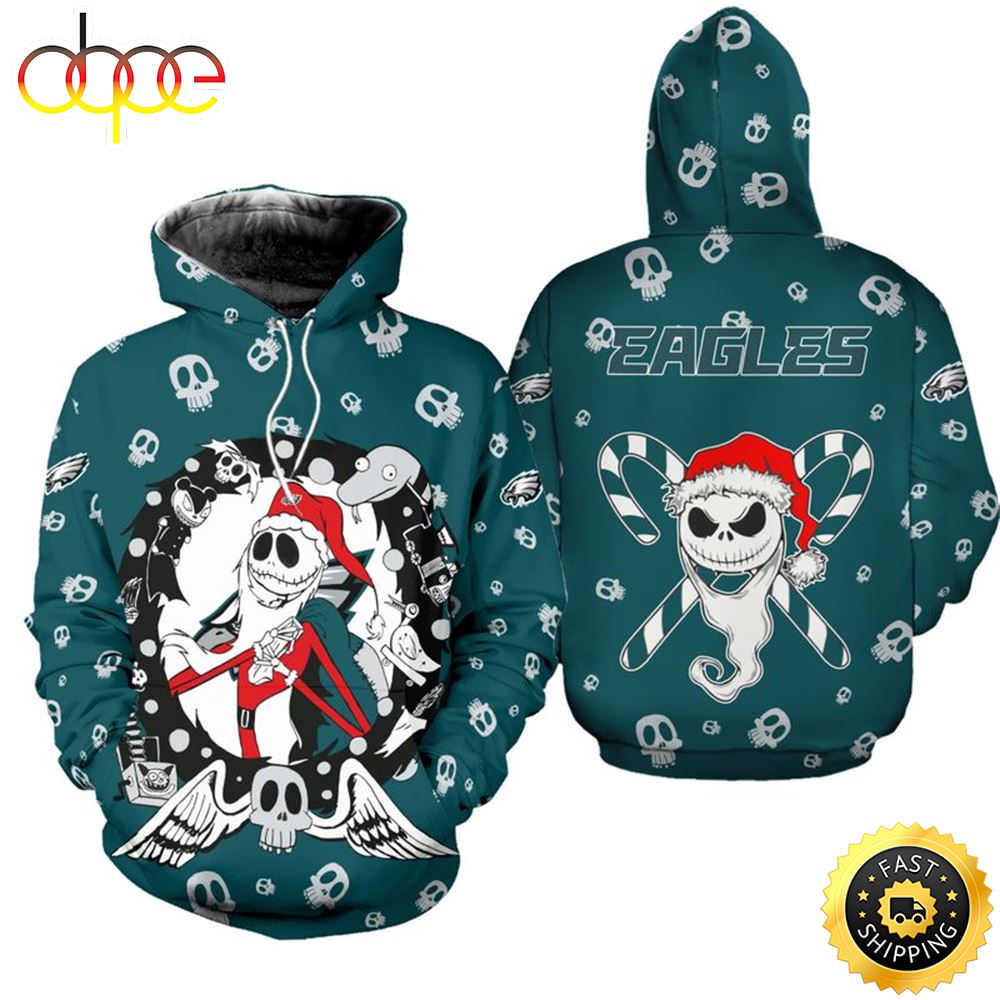 Philadelphia Eagles Christmas Jack Skellington Bombers Football NFL All Over Print Hoodie Shirt