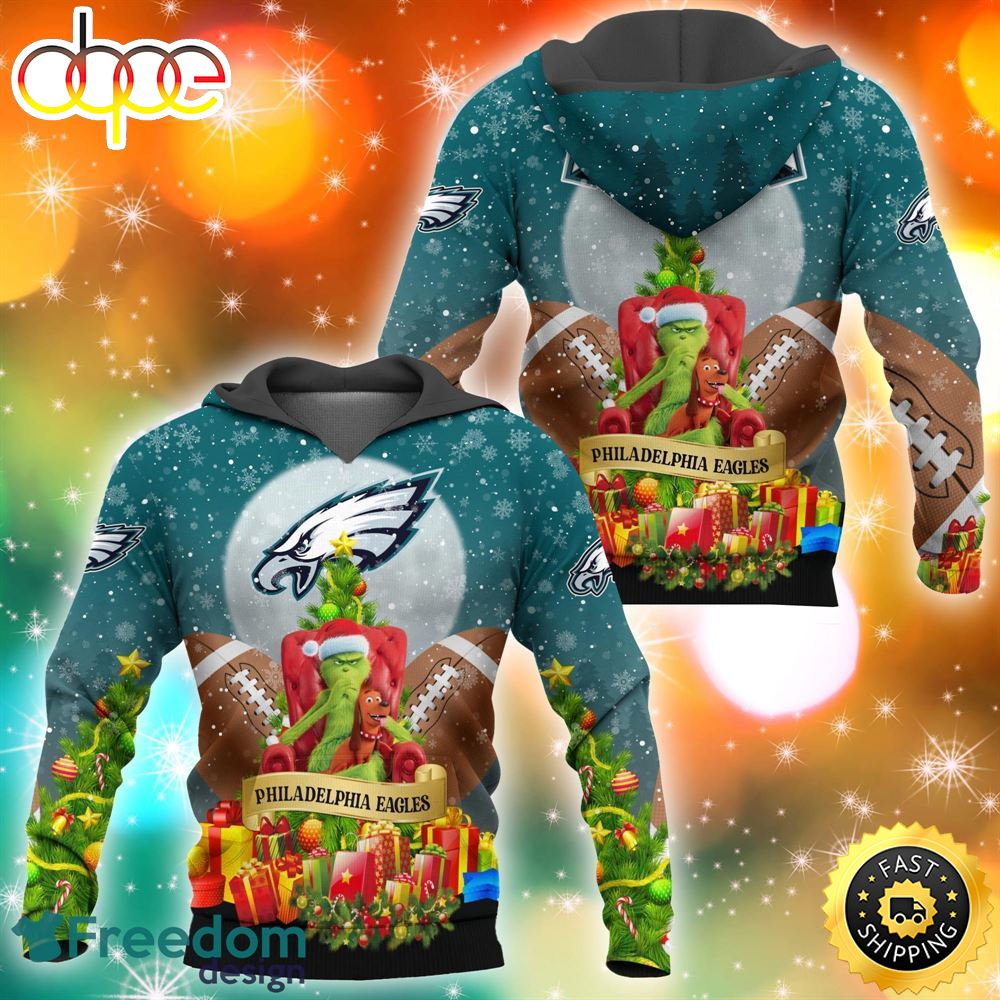 Philadelphia Eagles NFL Grinch Christmas Tree 3D Hoodie Pullover Prints