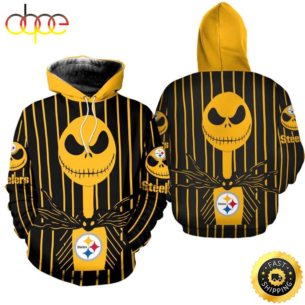 Pittsburgh Steelers Halloween Yellow With Jack Skellington Super Bowl 3D Pullover Hoodie_2869