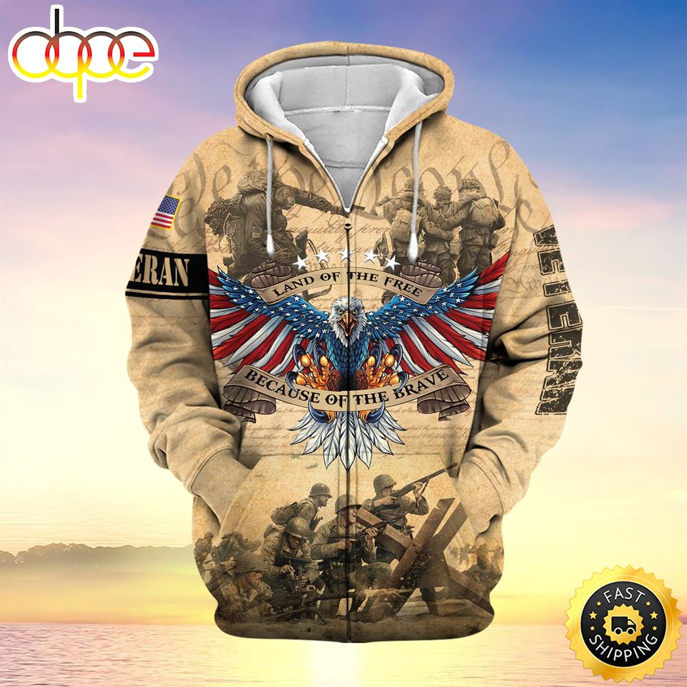 Premium Land Of The Free US Veteran Zip Hoodie