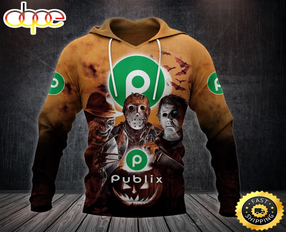 Publix Logo With Michael Myers and Freddy Krueger and Jason Voorhees Pumpkin Halloween All Over Print Hoodie