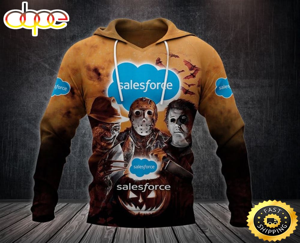 Salesforce With Michael Myers and Freddy Krueger and Jason Voorhees Pumpkin Halloween 1 All Over Print Hoodie