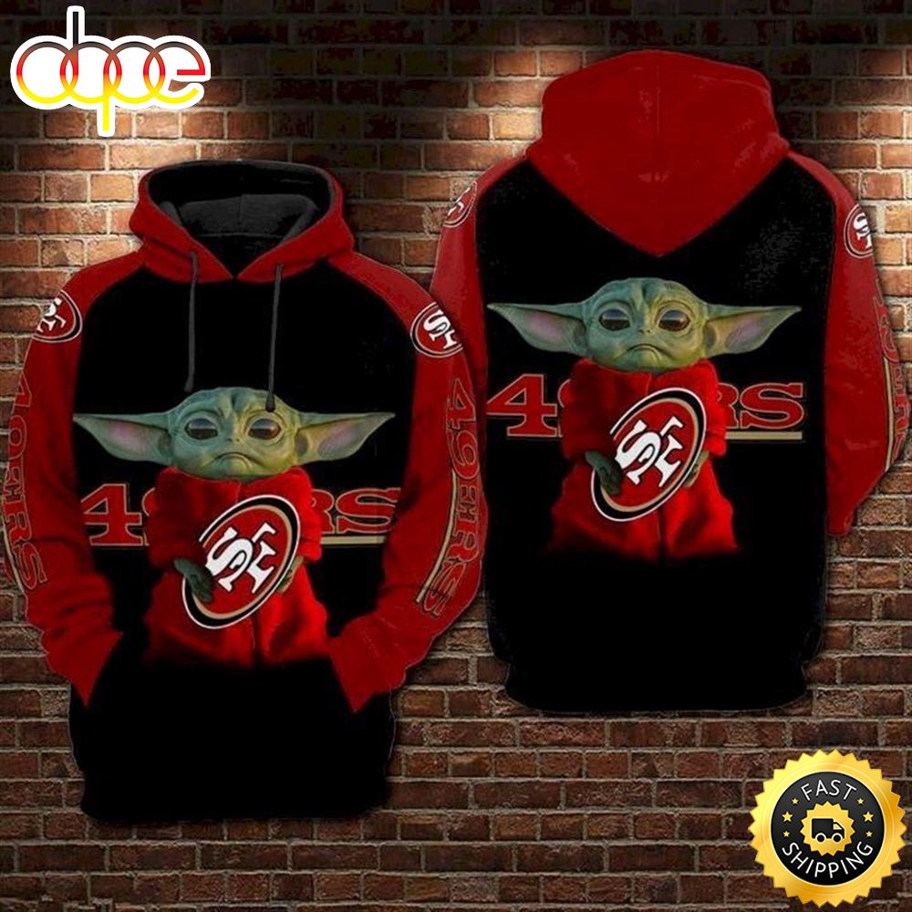 San Francisco 49ers Hug Baby Yoda Red Black 3d Hoodie All Over Printed