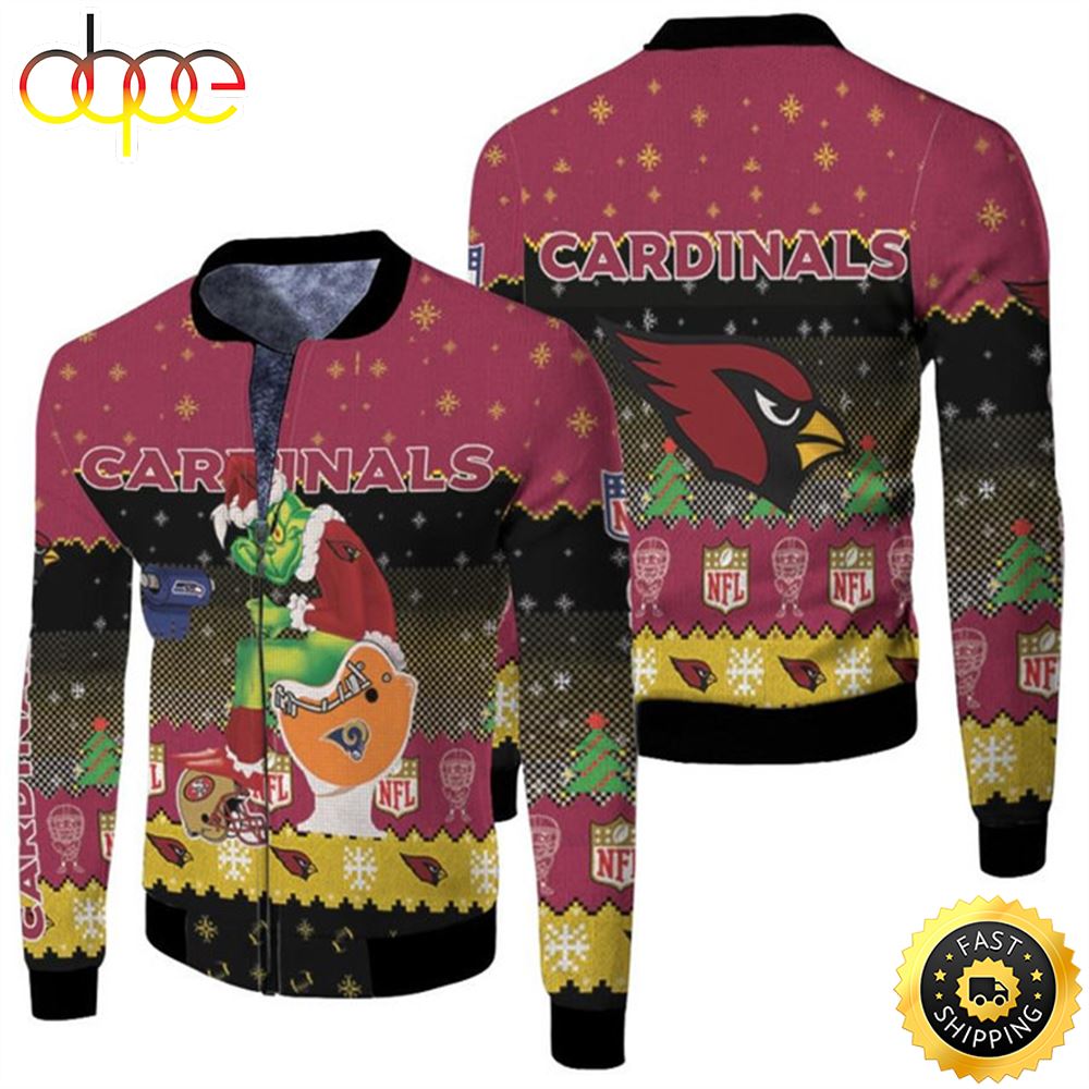 Santa Grinch Arizona Cardinals Sitting on Rams Seahawks Chargers Toilet Christmas Gift For Cardinals Fans Fleece Bomber Jacket