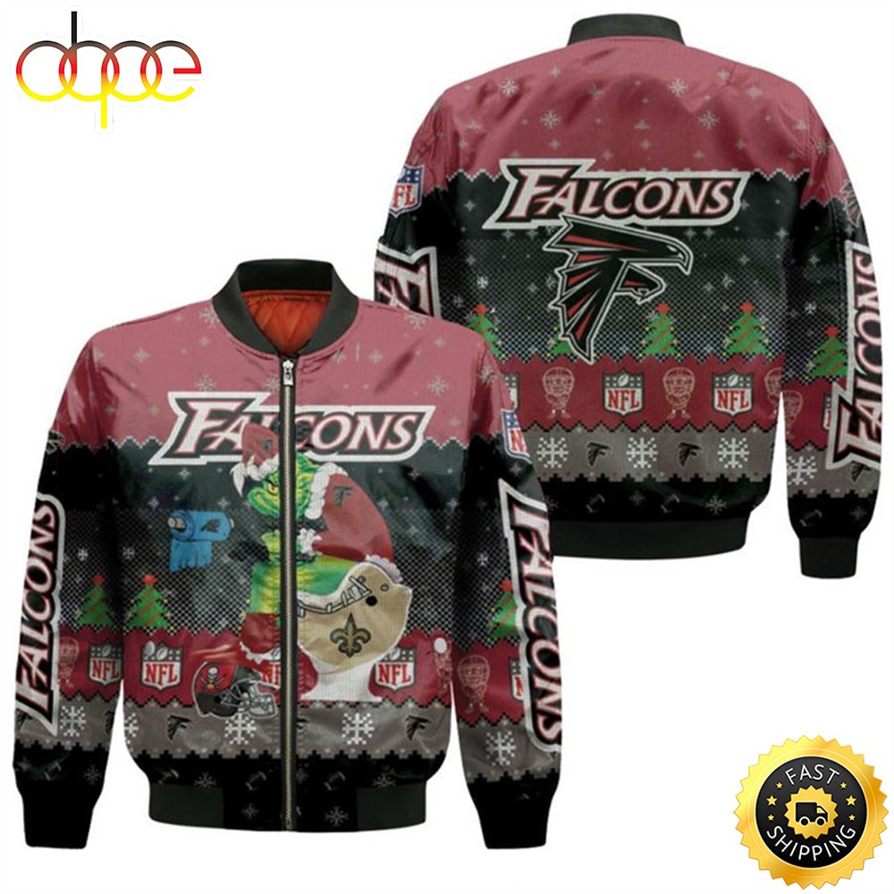Santa Grinch Atlanta Falcons Sitting on Saints Panthers Buccaneers Toilet Christmas Gift For Falcons Fans Bomber Jacket