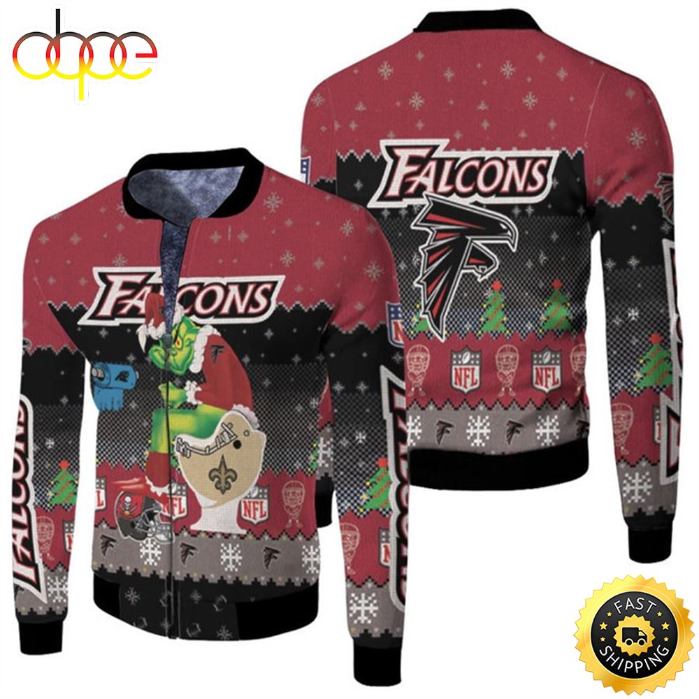 Santa Grinch Atlanta Falcons Sitting on Saints Panthers Buccaneers Toilet Christmas Gift For Falcons Fans Fleece Bomber Jacket