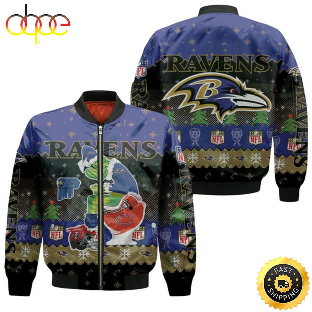 Santa Grinch Baltimore Ravens Sitting on Bears Cowboys Buccaneers Toilet Christmas Gift For Ravens Fans Bomber Jacket