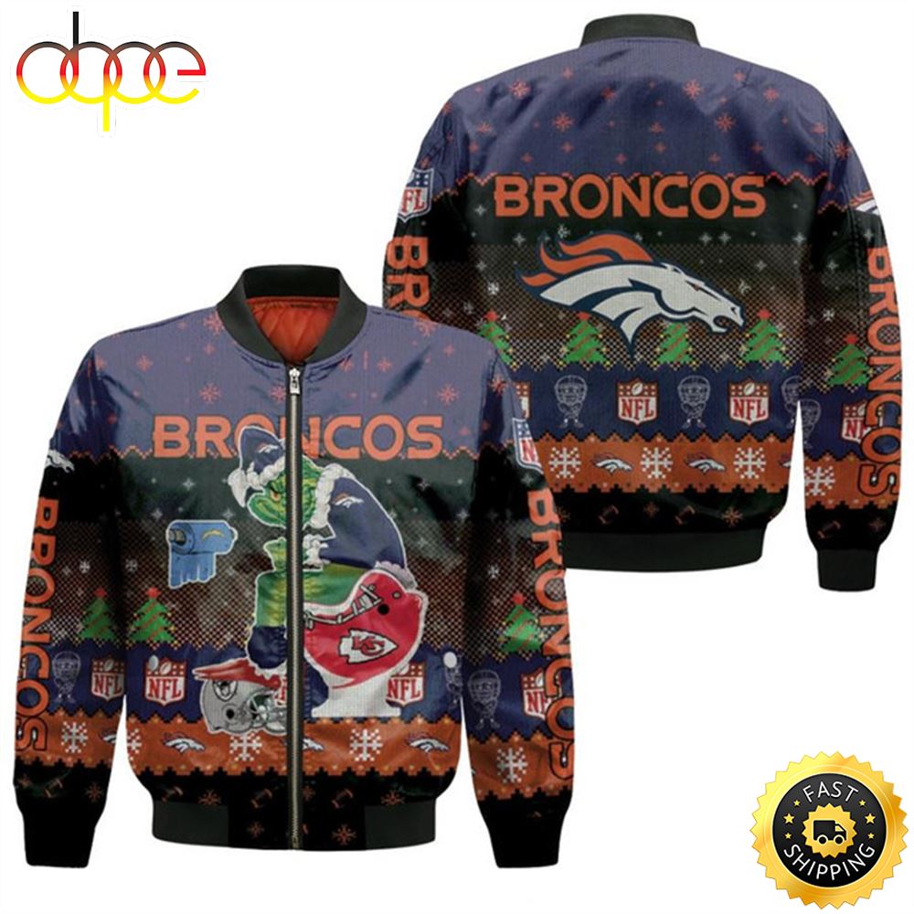 Santa Grinch Denver Broncos Sitting on Chiefs Chargers Raiders Toilet Christmas Gift For Broncos Fans Bomber Jacket
