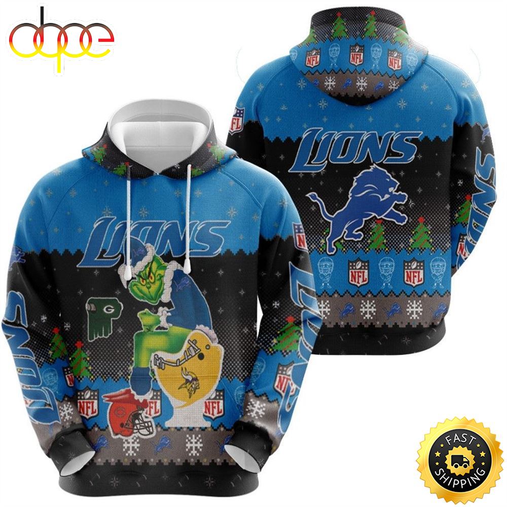 Santa Grinch Detroit Lions Sitting On Vikings Packers Bears Toilet Christmas Gift For Lions Fans Hoodie in 2023