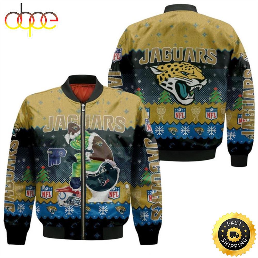 Santa Grinch Jacksonville Jaguars Sitting on Texans Titans Colts Toilet Christmas Gift For Jaguars Fans Bomber Jacket