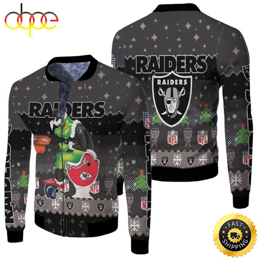 Santa Grinch Las Vegas Raiders Sitting on Chiefs Broncos Chargers Toilet Christmas Gift For Raiders Fans Fleece Bomber Jacket