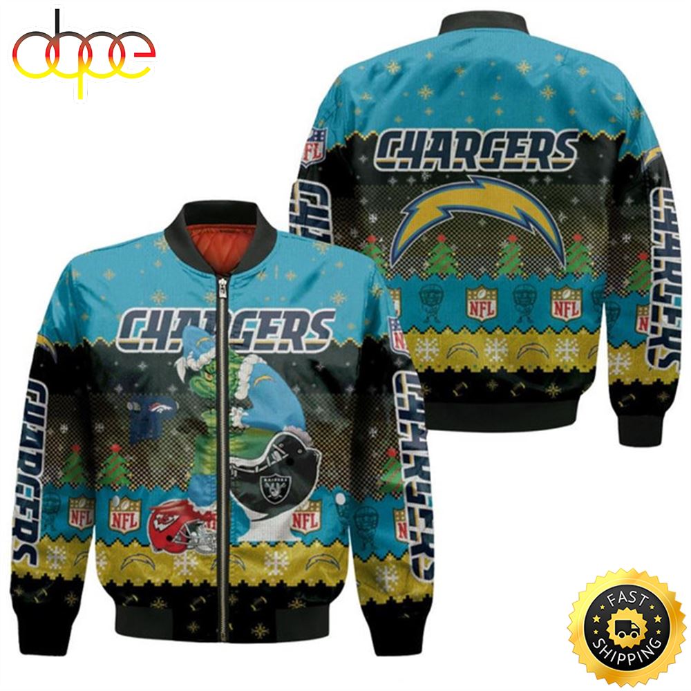 Santa Grinch Los Angeles Chargers Sitting on Raiders Broncos Chiefs Toilet Christmas Gift For Chargers Fans Bomber Jacket