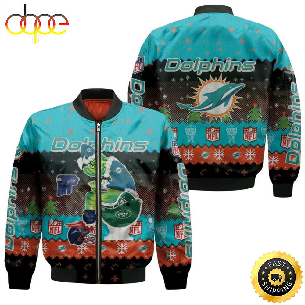 Santa Grinch Miami Dolphins Sitting on Jets Bills Patriots Toilet Christmas Gift For Dolphins Fans Bomber Jacket