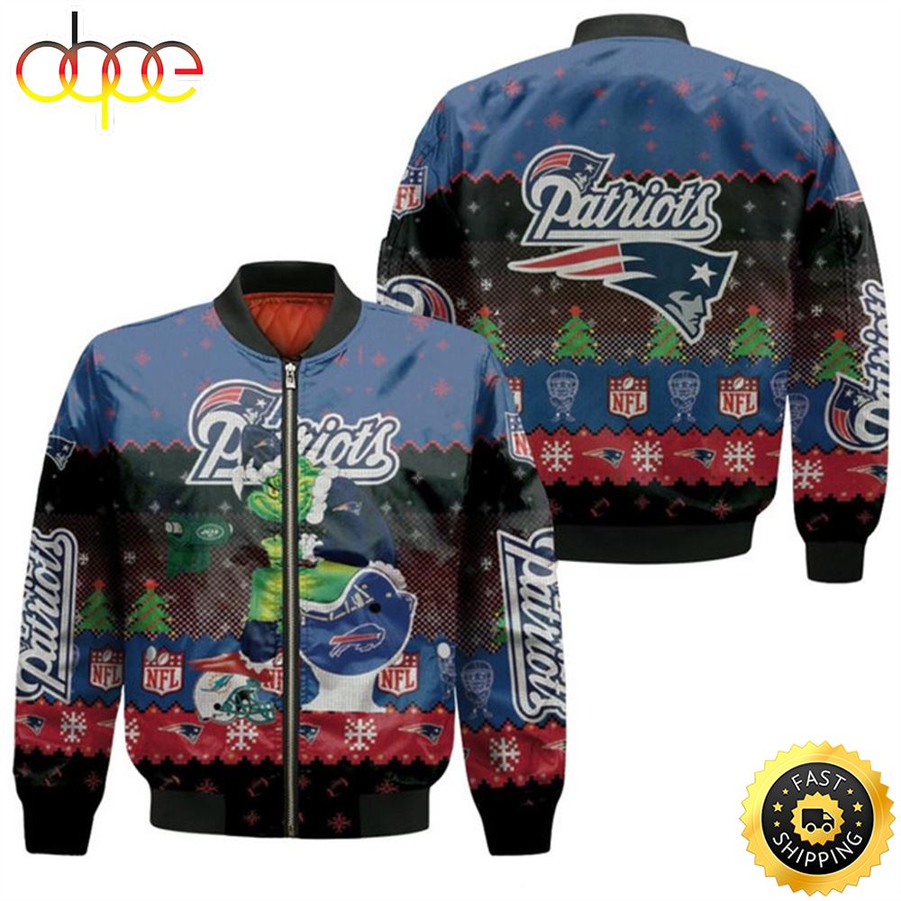 Santa Grinch New England Patriots Sitting on Bills Jets Dolphins Toilet Christmas Gift For Patriots Fans Bomber Jacket