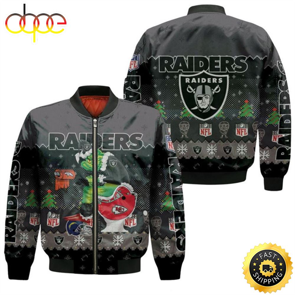 Santa Grinch Oakland Raiders Sitting on Chiefs Broncos Chargers Toilet Christmas Gift For Raiders Fans Bomber Jacket