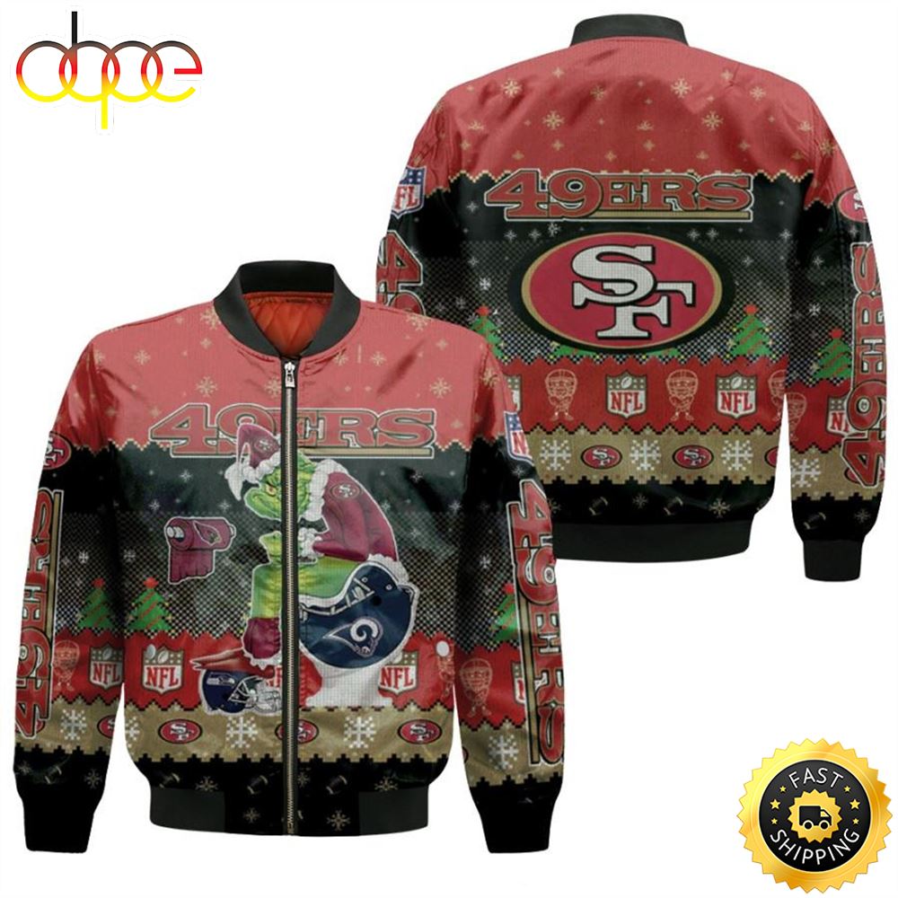 Santa Grinch San Francisco 49ers Sitting on Rams Cardinals Seahawks Toilet Christmas Gift For 49ers Fans Bomber Jacket