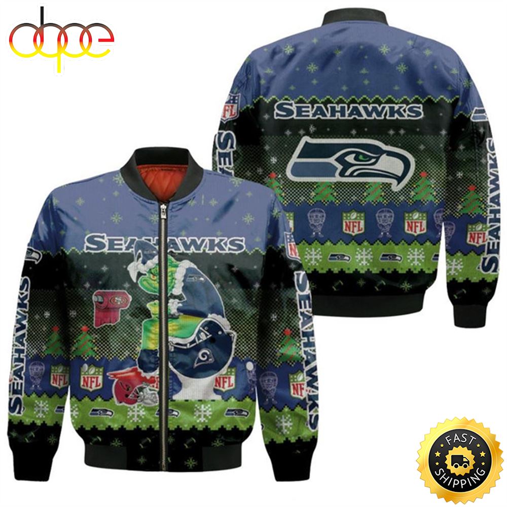 Santa Grinch Seattle Seahawks Sitting on Rams 49ers Cardinals Toilet Christmas Gift For Seahawks Fans Bomber Jacket