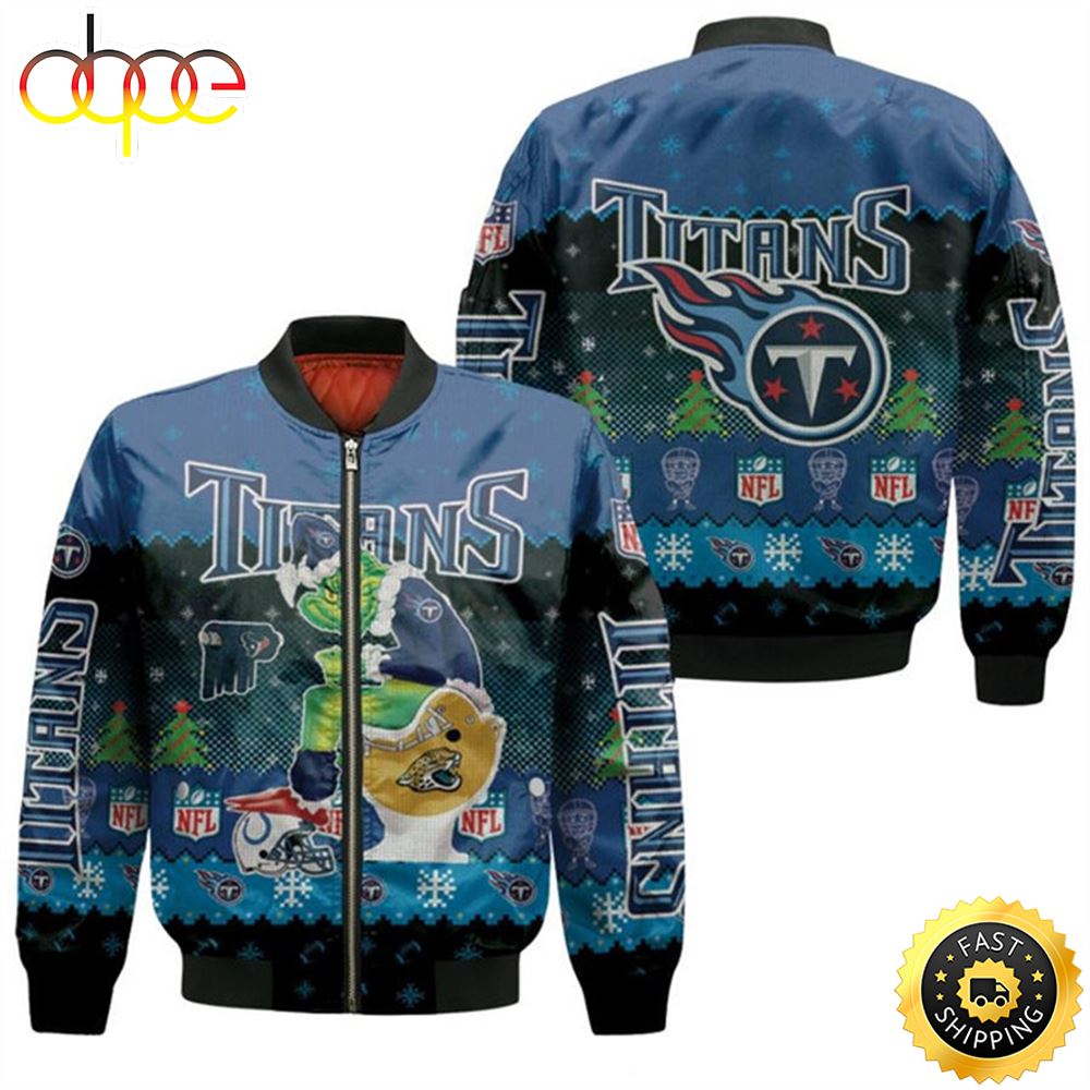 Santa Grinch Tennessee Titans Sitting on Jaguars Texans Colts Toilet Christmas Gift For Titans Fans Bomber Jacket