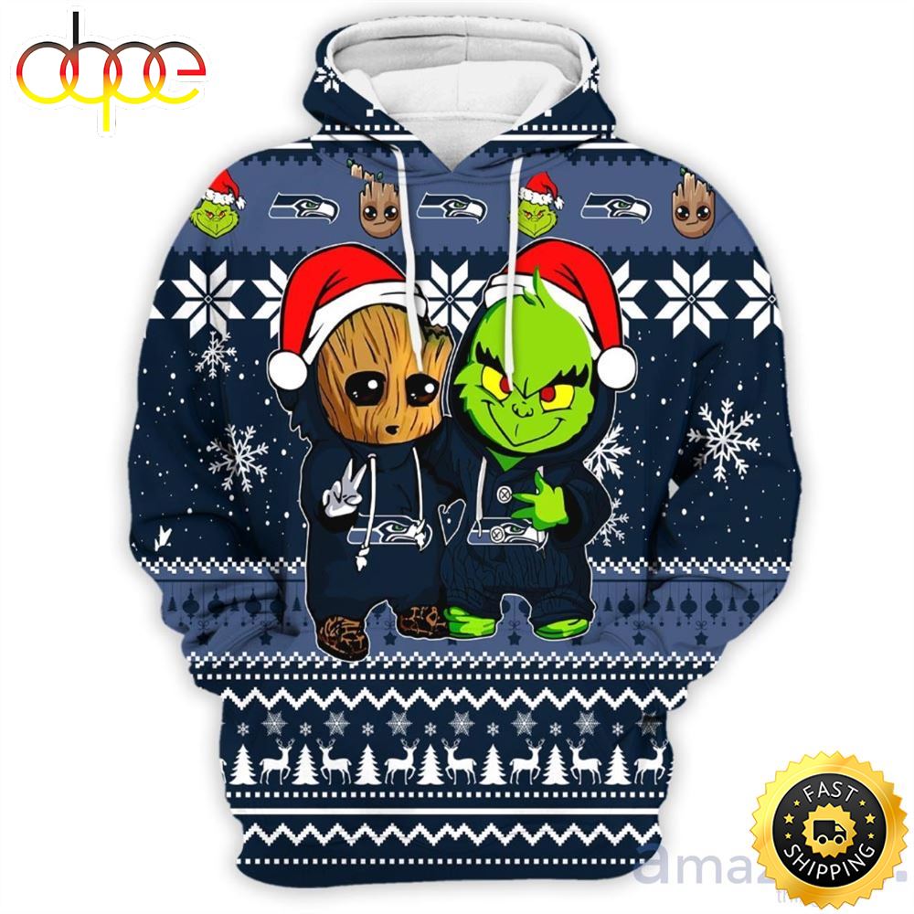 Seattle Seahawks Baby Groot And Grinch Best Friends 3D Hoodie Christmas Sweater