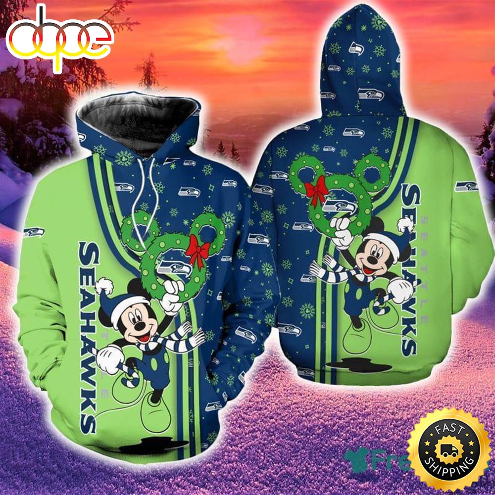 Seattle Seahawks Disney Mickey Funny Hoodie Zip Hoodie Blue Print Holiday Gift For Fans Christmas