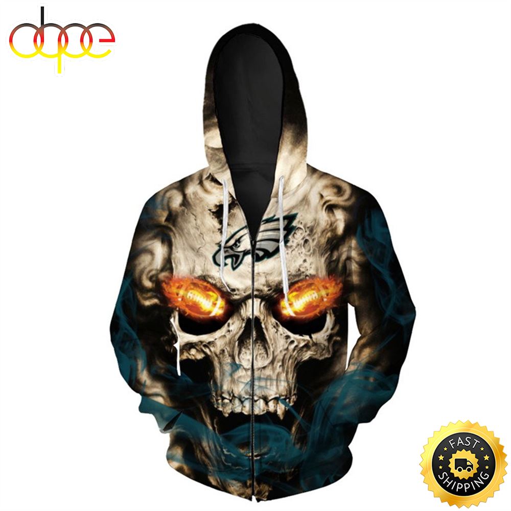 Skull &amp; Philadelphia Eagles Blazing Football And On Fire In Skulls Eyes 3D Hoodie All Over Print Shirt