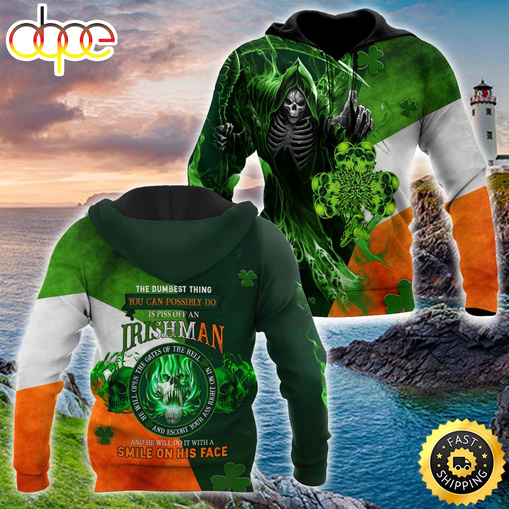 Smile On His Face Skull Shamrock 3D All Over Print Shirt
