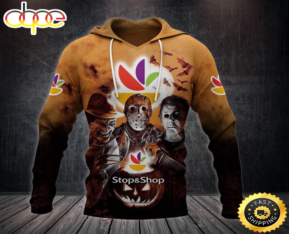 Stop &amp;amp Shop Logo With Michael Myers and Freddy Krueger and Jason Voorhees Pumpkin Halloween All Over Print Hoodie