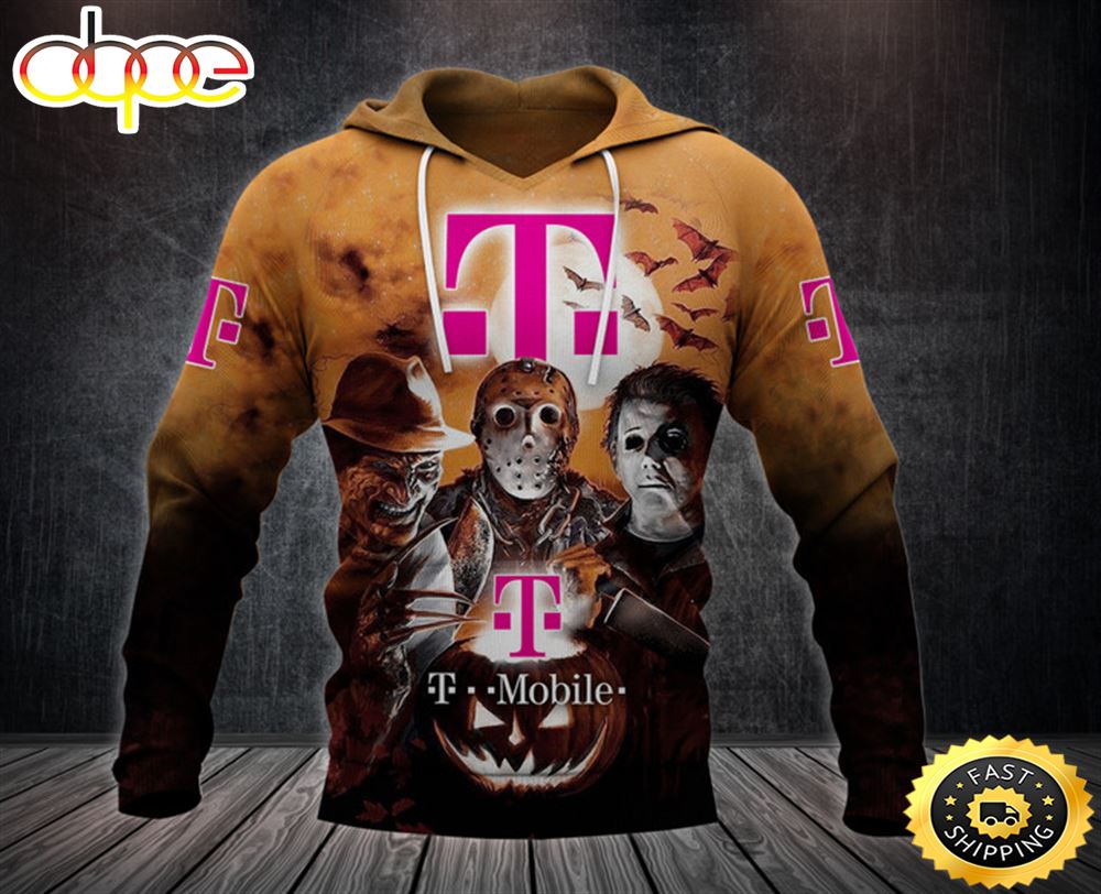 T-Mobile Logo With Michael Myers and Freddy Krueger and Jason Voorhees Pumpkin Halloween All Over Print Hoodie