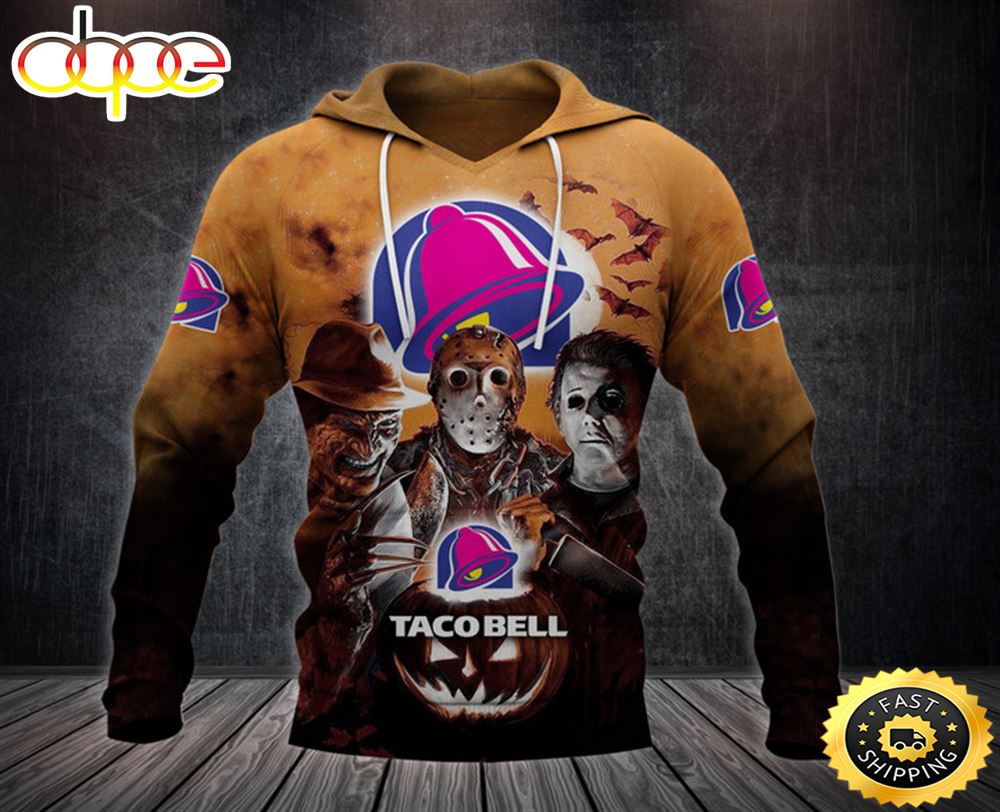 Taco Bell Logo With Michael Myers and Freddy Krueger and Jason Voorhees Pumpkin Halloween All Over Print Hoodie