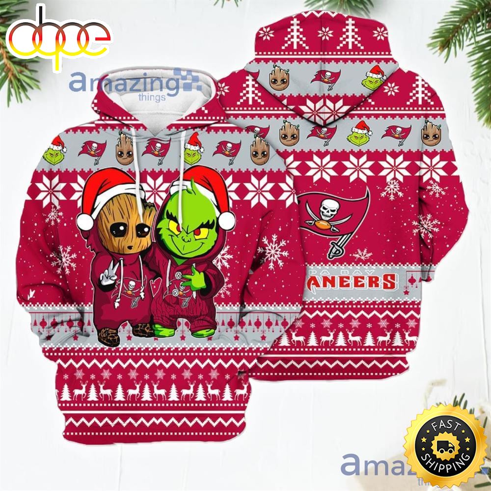 Tampa Bay Buccaneers Baby Groot And Grinch Best Friends New Trends Christmas Gift 3D Hoodie For Men And Women