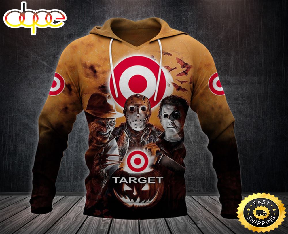 Target Logo With Michael Myers and Freddy Krueger and Jason Voorhees Pumpkin Halloween All Over Print Hoodie