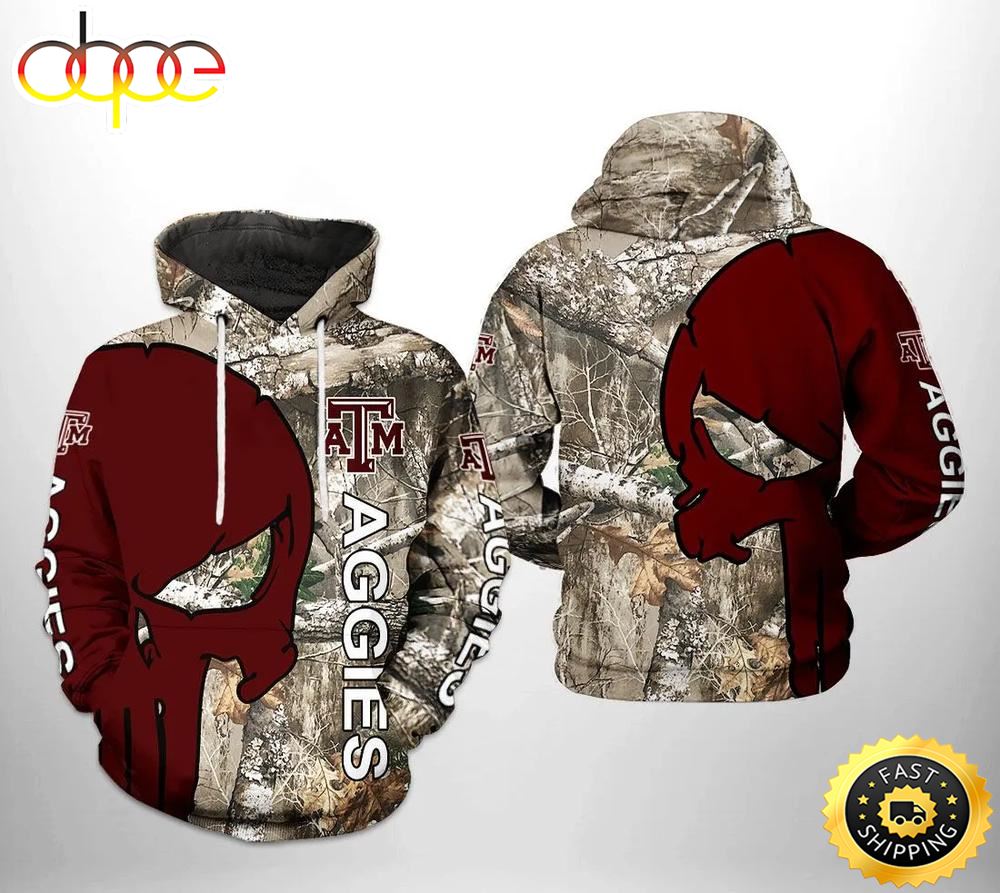 Texas A&amp;M Aggies Camo Veteran Hunting and Punisher Skull 3D Hoodie Texas A&amp;M Aggies Gifts For Her