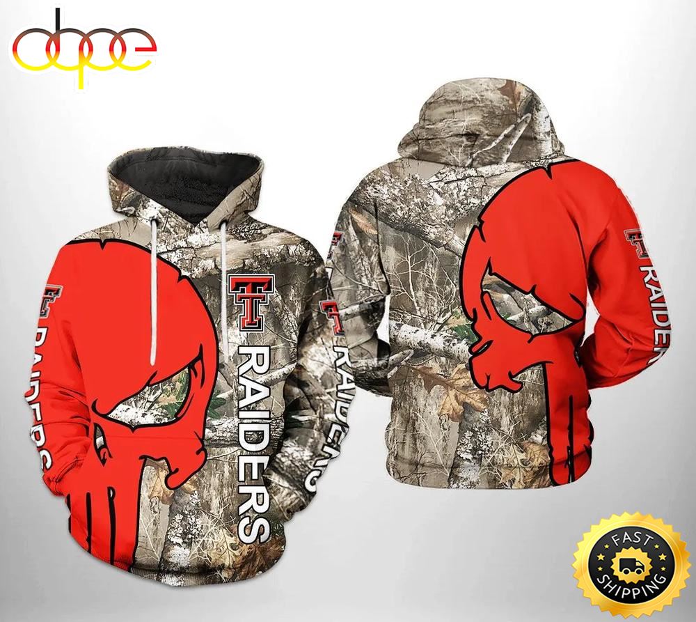 Texas Tech Red Raiders Camo Veteran Hunting and Punisher Skull 3D Hoodie College Baseball Apparel